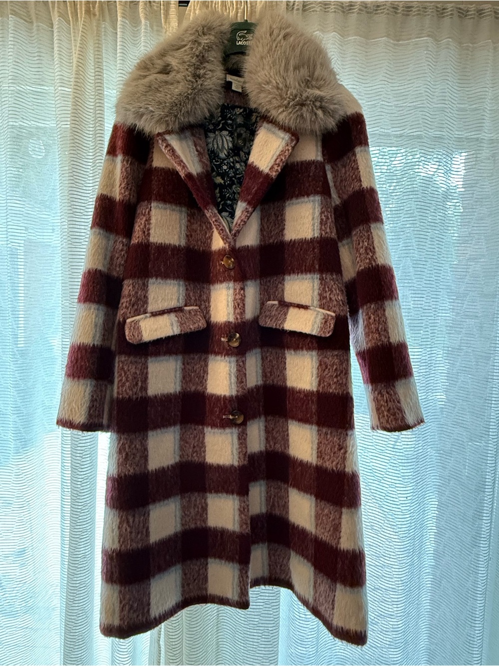 Sundance Burgundy & Cream Plaid Wool-Blend Pea Coat with Fur Collar